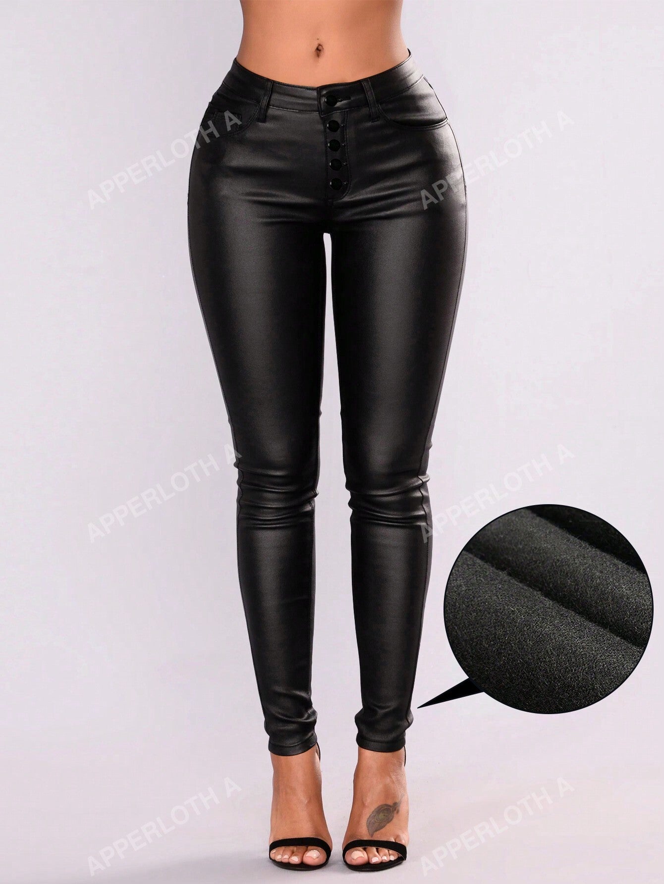 A Button Fly Thermal Lined PU Leather Skinny Cropped Pants