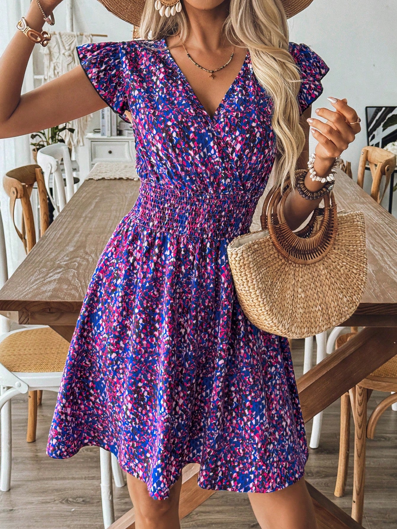 Spring/Summer Floral V-Neck Dress With Shirred Waist, Ruffled Hem And Short Flounce Sleeves