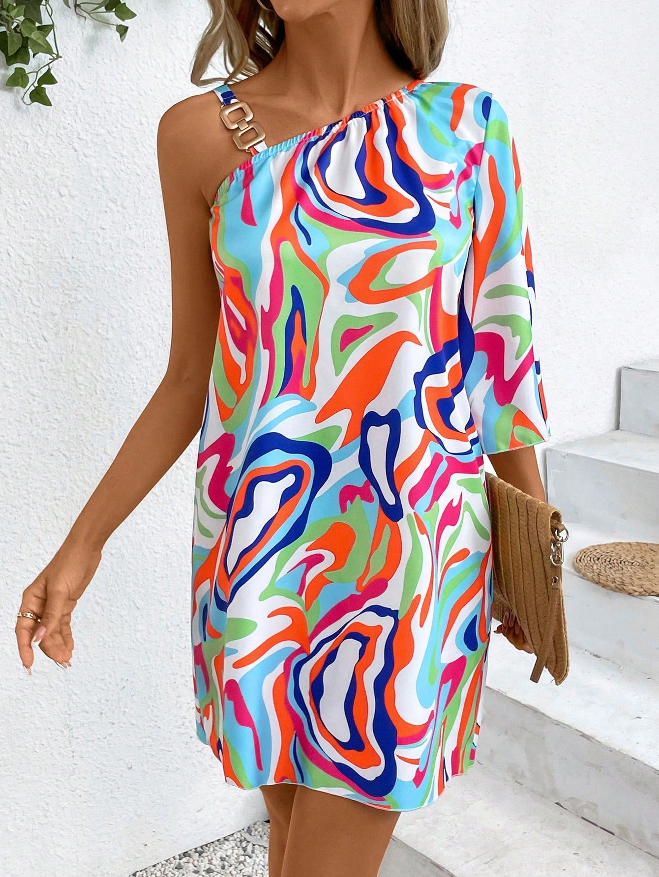 Ladies Stylish Colorful Printed Oblique Shoulder Dress