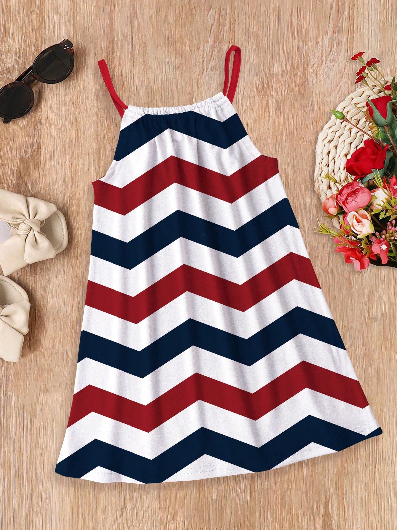 Tween Girl 4th Of July Outfit Cute Americana Print Spaghetti Strap Dress For Daily Wear In Summer