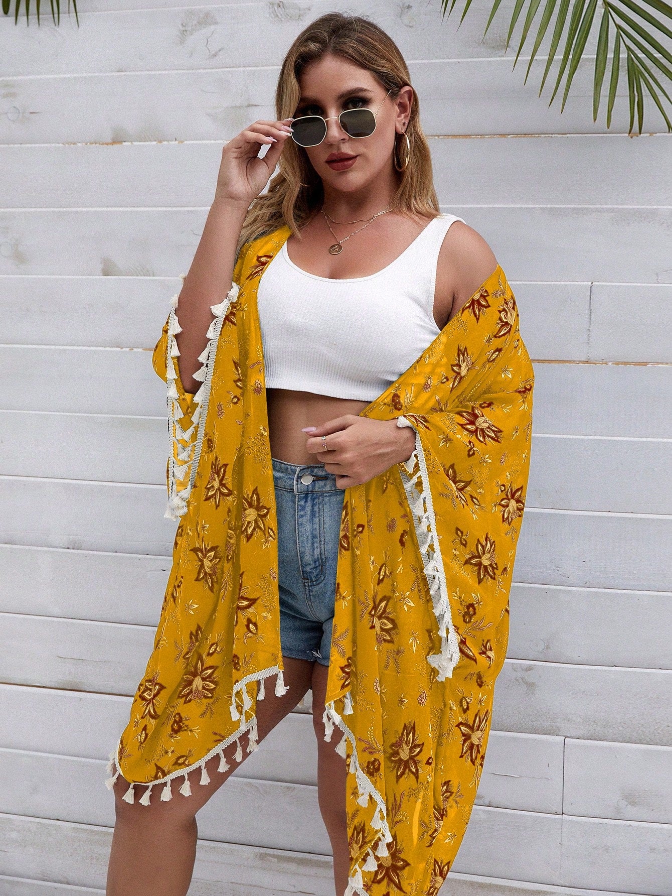 Swim Lushore Plus Size Women Fashionable Tassel Design Kimono Cover Up