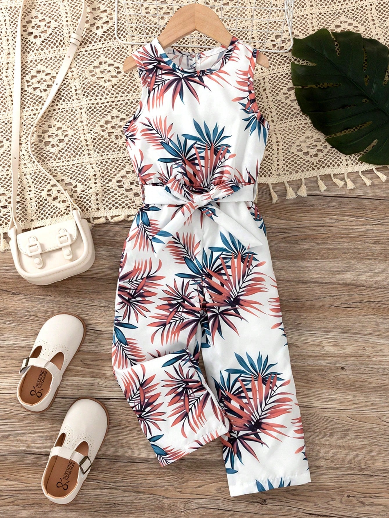 Young Girl Tropical Printed Waist-Tied Jumpsuit With Vest Top