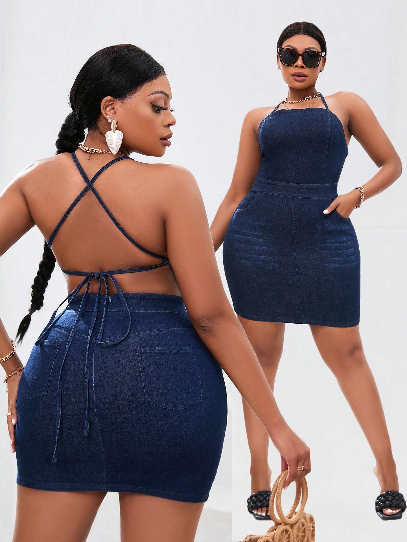 Plus Size Women's Fashionable Denim Spaghetti Strap Dress