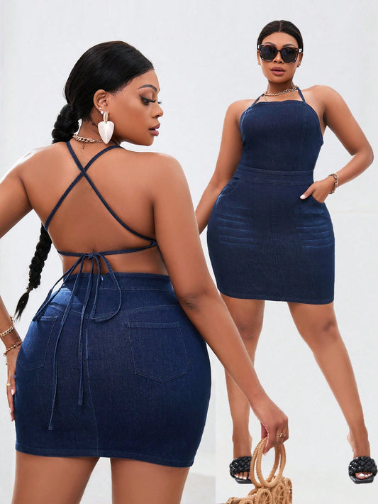 Plus Size Women's Fashionable Denim Spaghetti Strap Dress