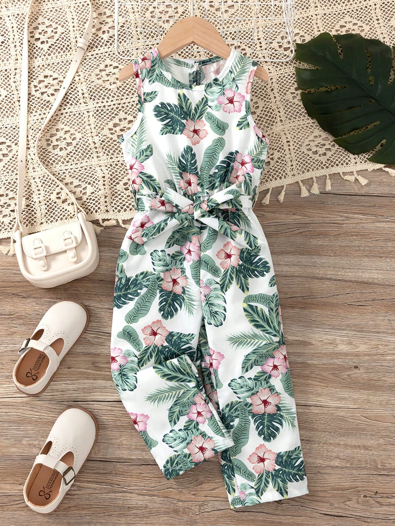 Young Girl Tropical Printed Waist-Tied Jumpsuit With Vest Top