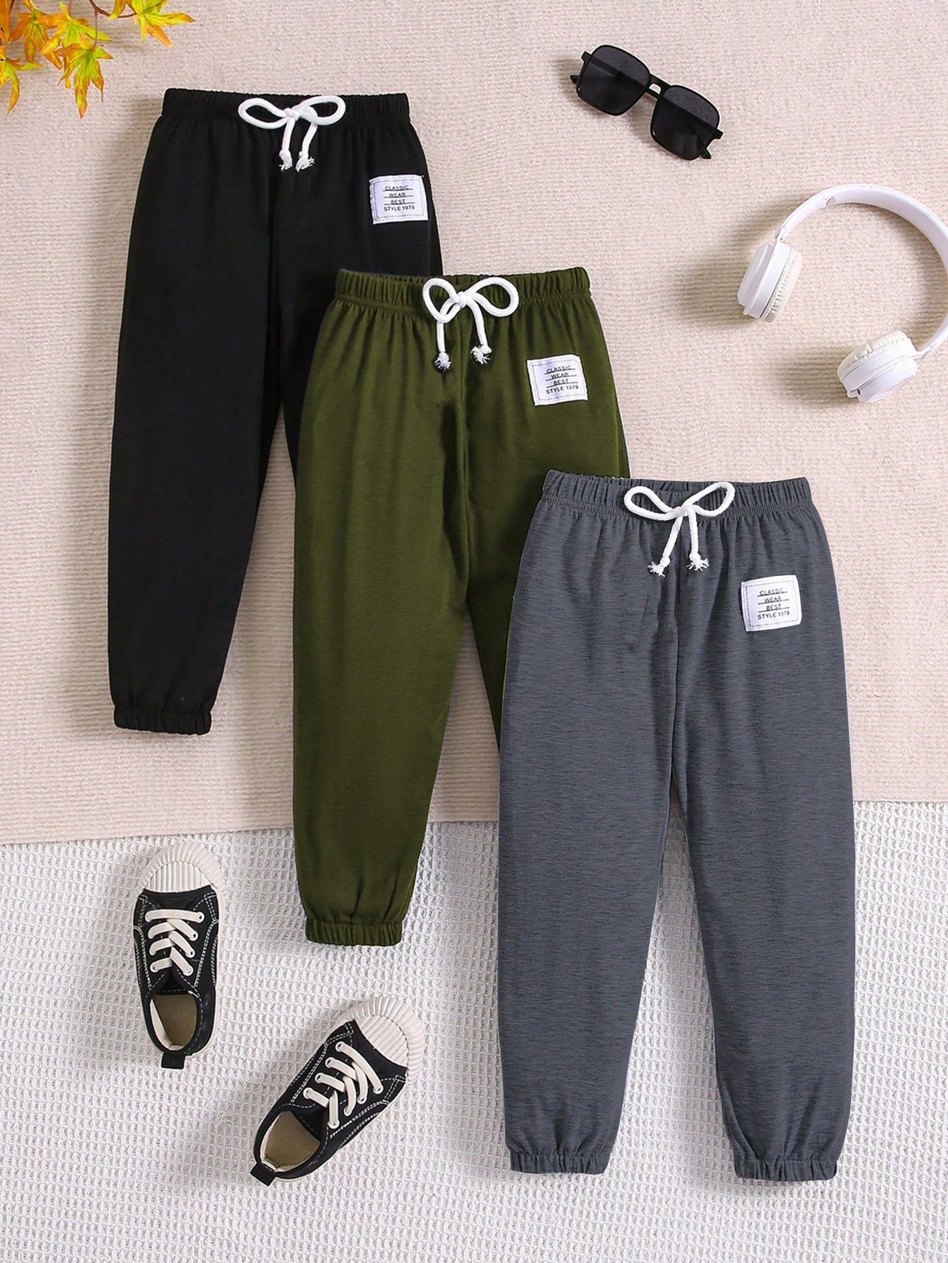 2-7 Years Young Boy Casual Sports Pants, Spring/Summer/Autumn Solid Color Long Trousers 3pcs/Set