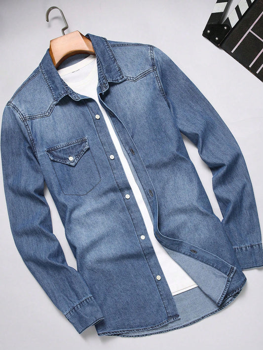 Men Solid Color Turn-Down Collar Button Front Denim Shirt With Pocket