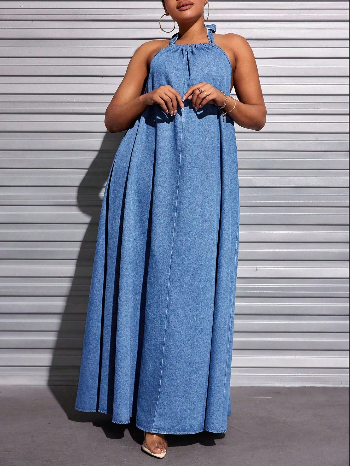 Plus Tie Backless Halter Neck Denim Dress