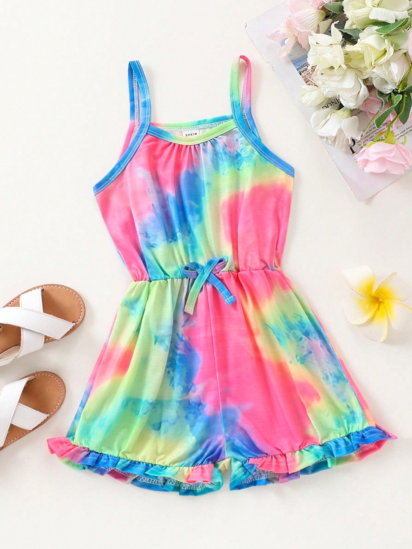 Young Girl Allover Print Ruffle Hem Cami Romper