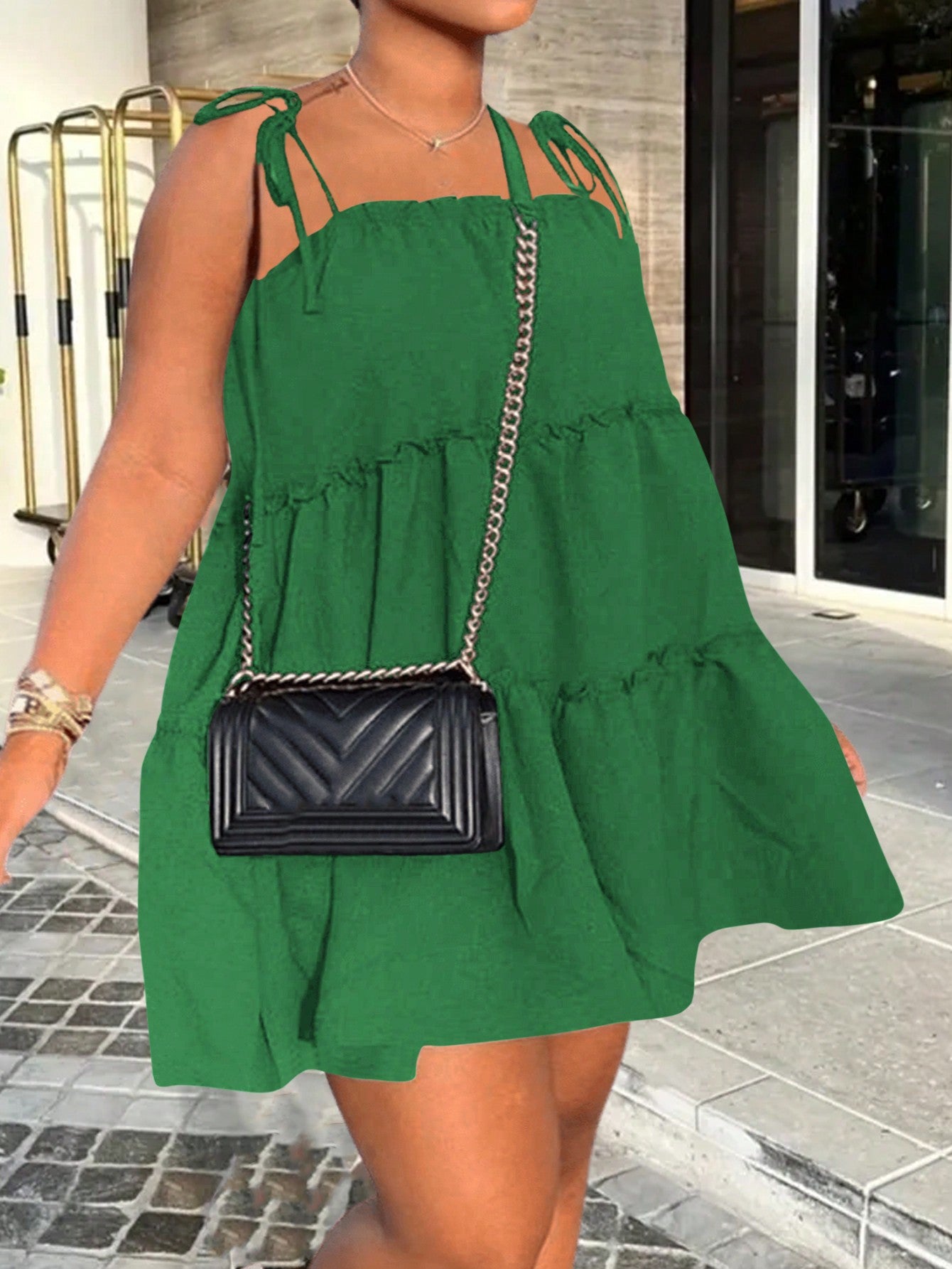 Plus Size Women's Summer Casual Loose A-Line Mini Dress With Multi-Layered Hem And Shoulder Straps