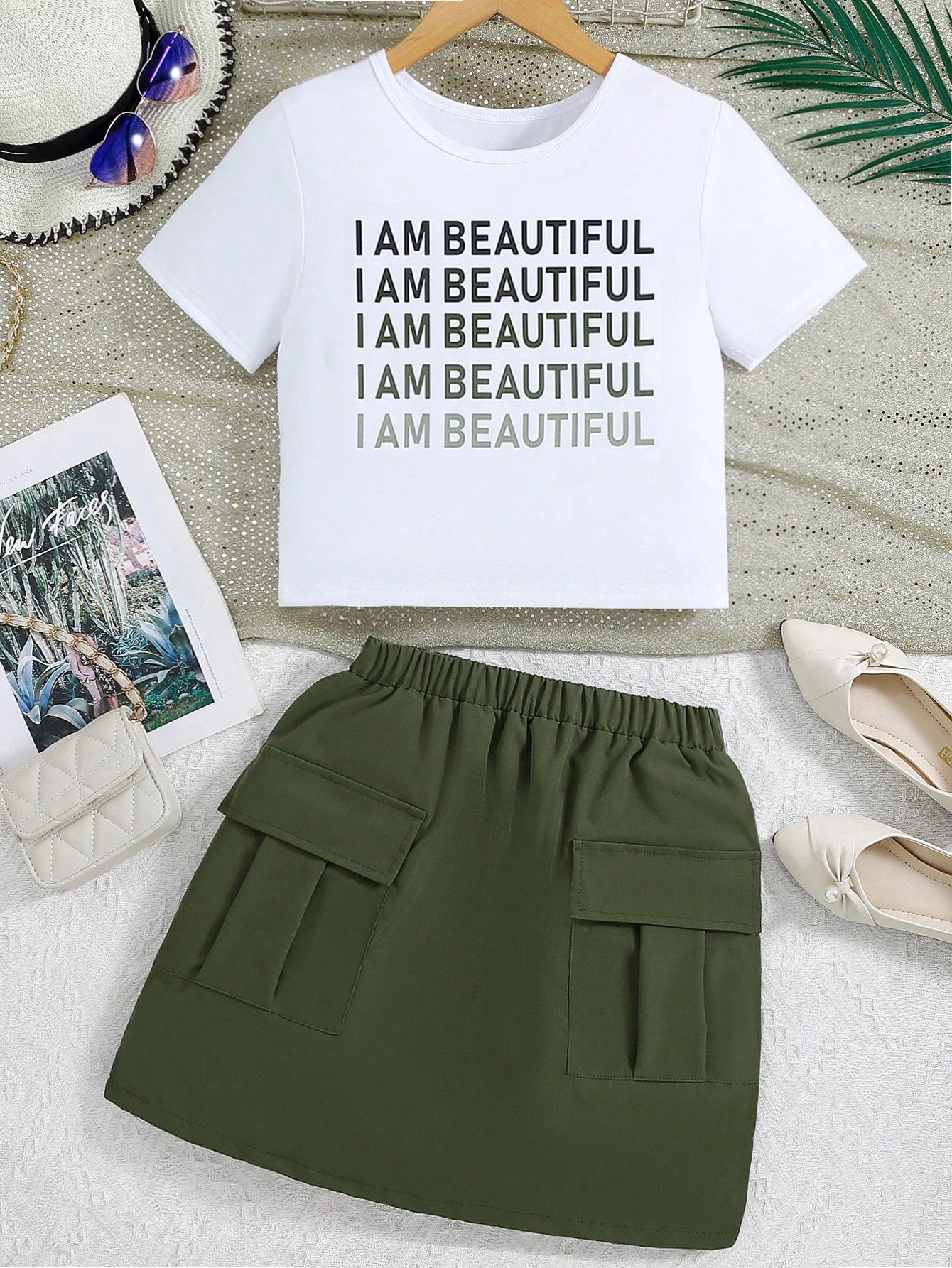 Tween Girl Letter Pattern T-Shirt And Solid Color Cargo Shorts Set