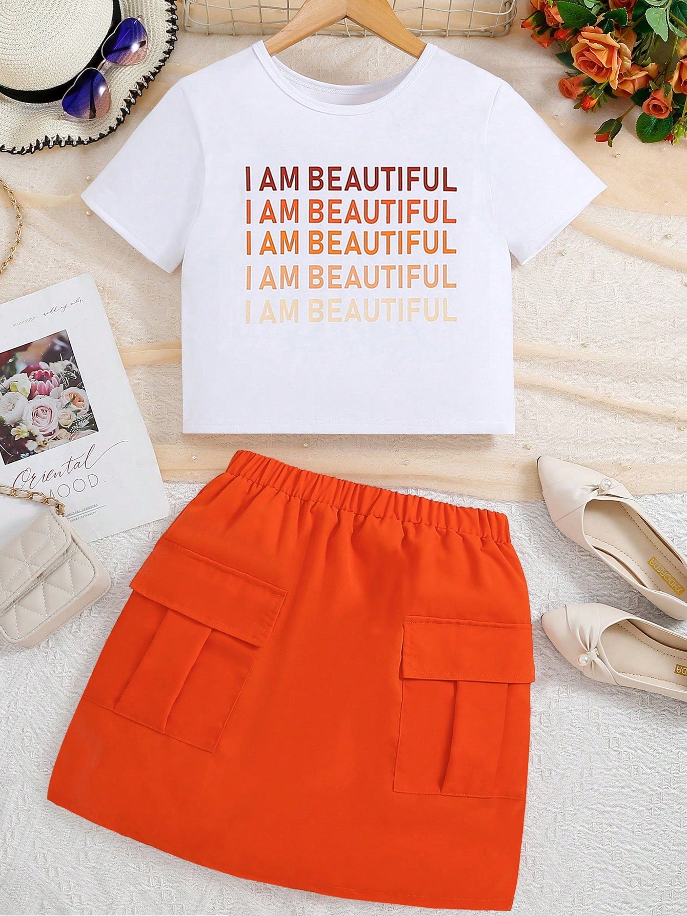 Tween Girl Letter Pattern T-Shirt And Solid Color Cargo Shorts Set