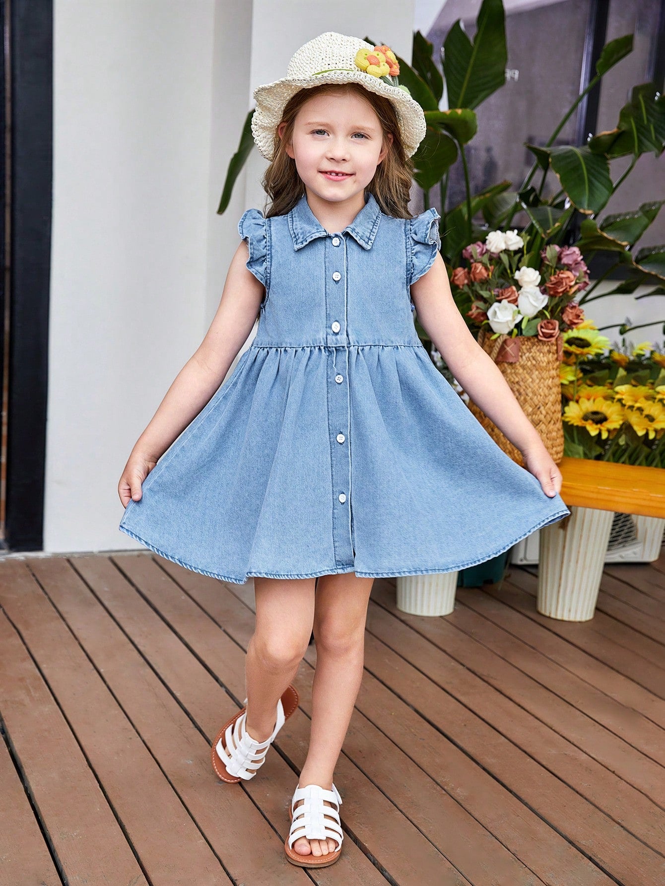 Young Girl Cute Denim Dress With Flutter Sleeves, Suitable For Spring And Summer