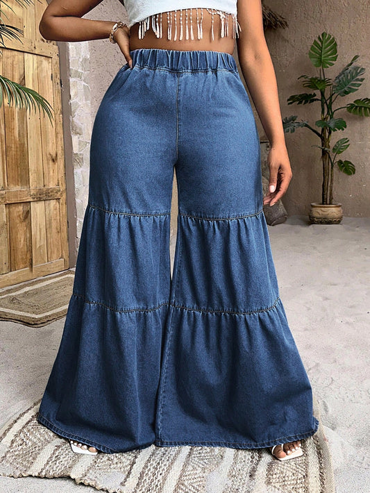 Plus Elastic Waist Ruffle Hem Wide Leg Jeans