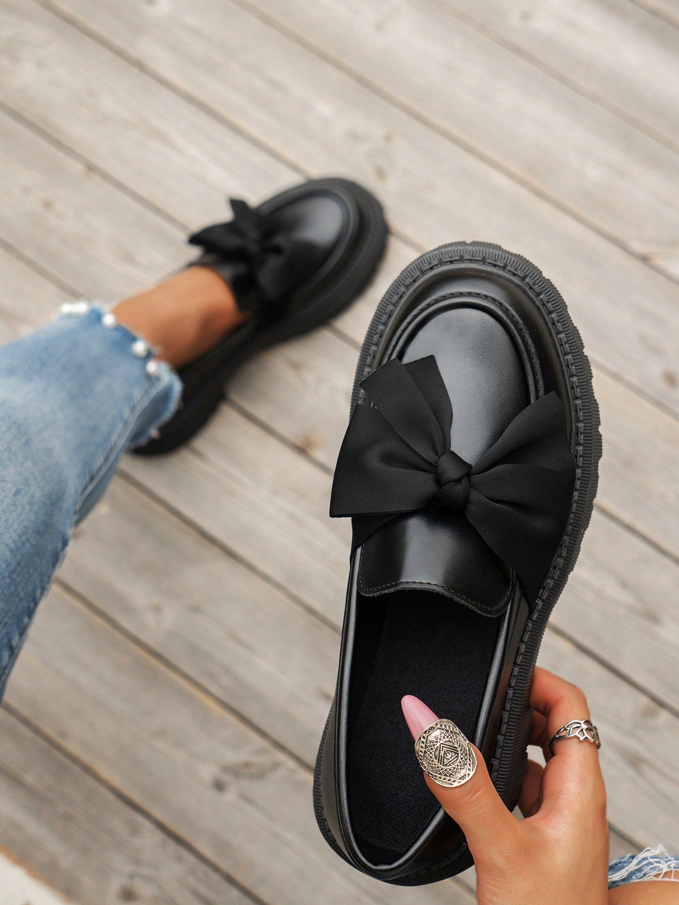 Black Wedges Thick Sole Loafers With Bow, Cloth Pattern, Chinese Style Slip-On, Casual Vintage Round-Toe Shoe