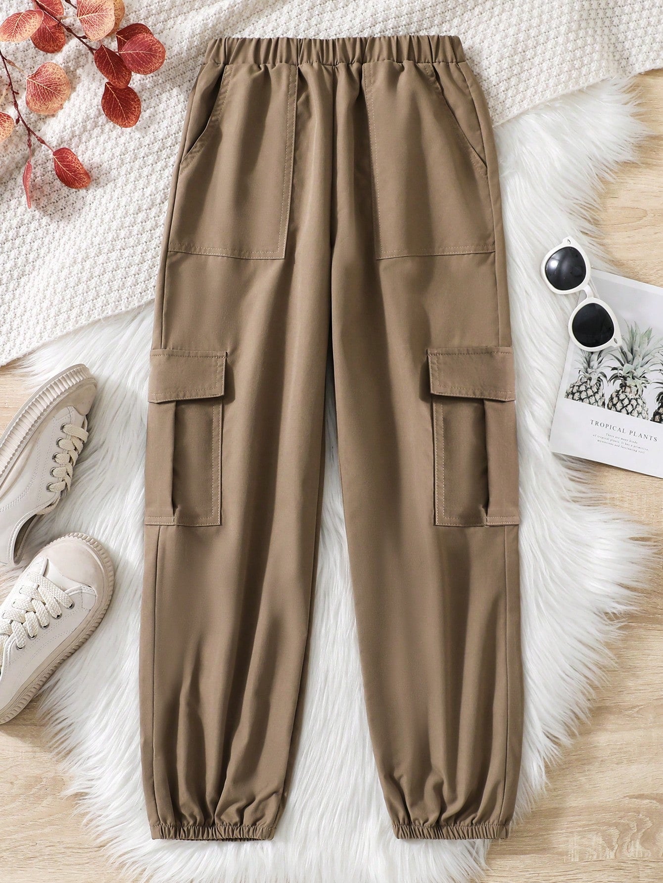 Tween Girl's Multi-Pocket Casual Elastic Waist & Ankle Tied Cargo Pants