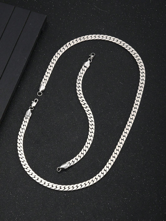 2pcs/Set Boys Punk Hip Hop Stainless Steel  Chain Necklace & Bracelet For Fashion Versatile Street Jewelry For Costume Accessories