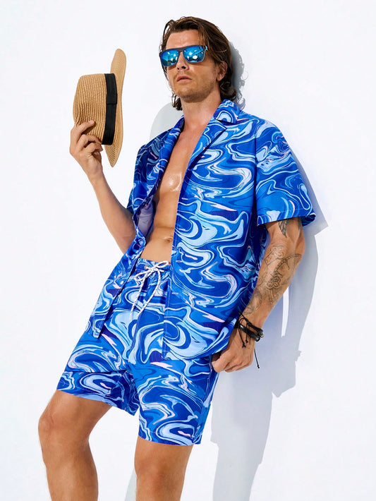 Men Fashionable Summer Holiday Style Printed Beach Set