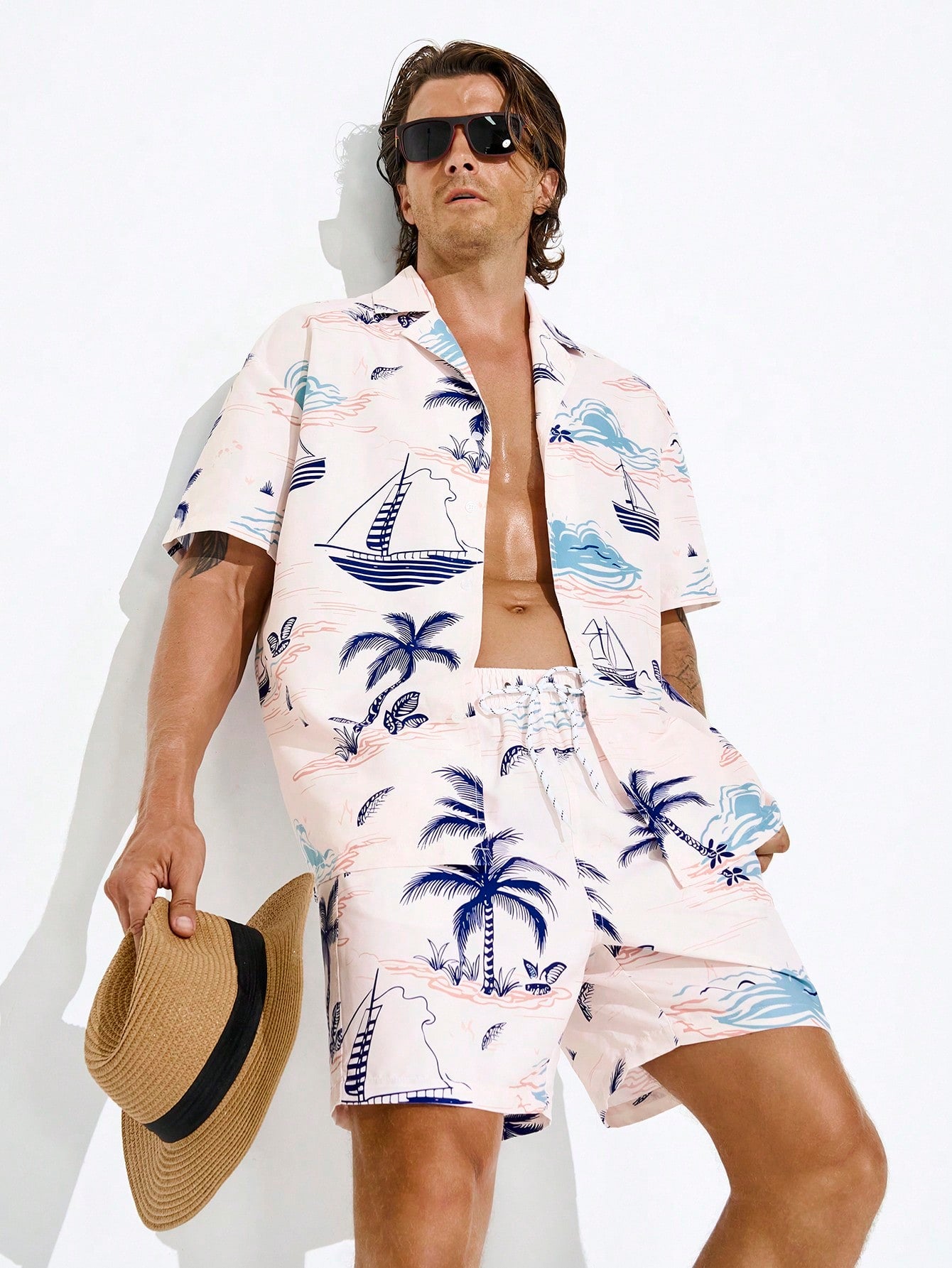 Men Tropical Print Short Sleeve Shirt And Shorts Beach Vacation Outfit