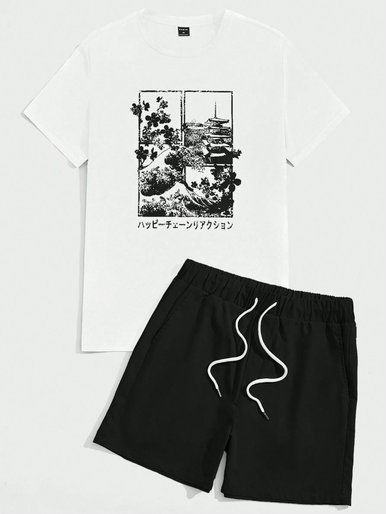 Men Japanese Letter & Floral Print Tee & Drawstring Waist Shorts