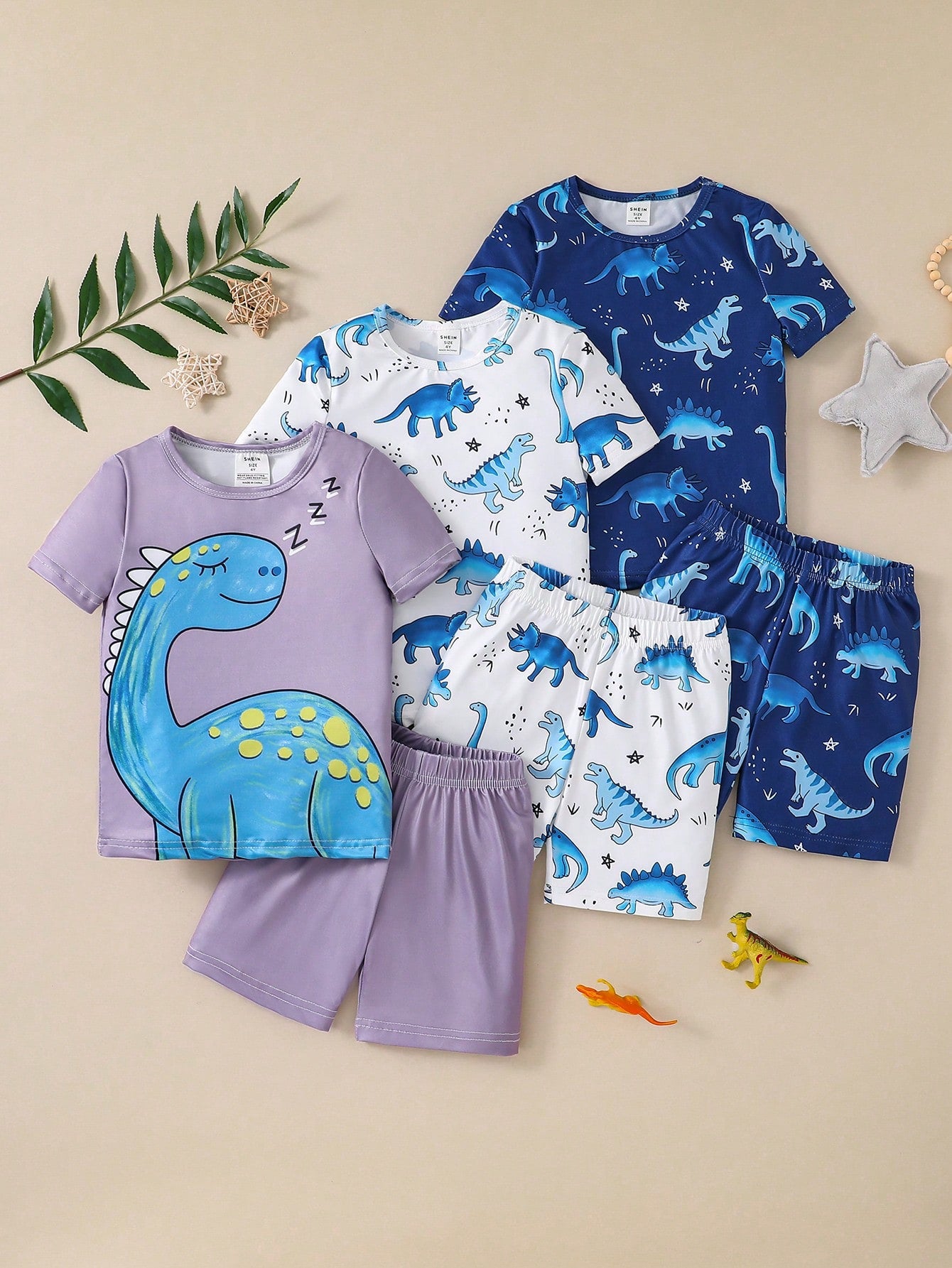 Young Boy 6pcs Cute Cartoon Dinosaur Printed Round Neck Snug Fit T-Shirt And Shorts Set, Home Wear