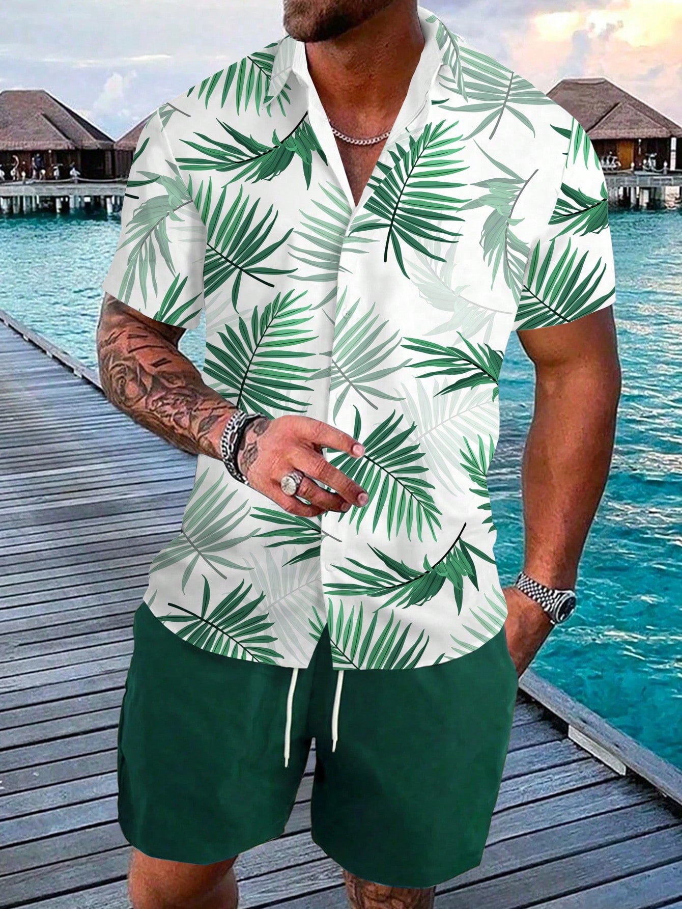 Men Plus Size Fashionable Summer Holiday Style Printed Shirt And Shorts Two-Piece Set