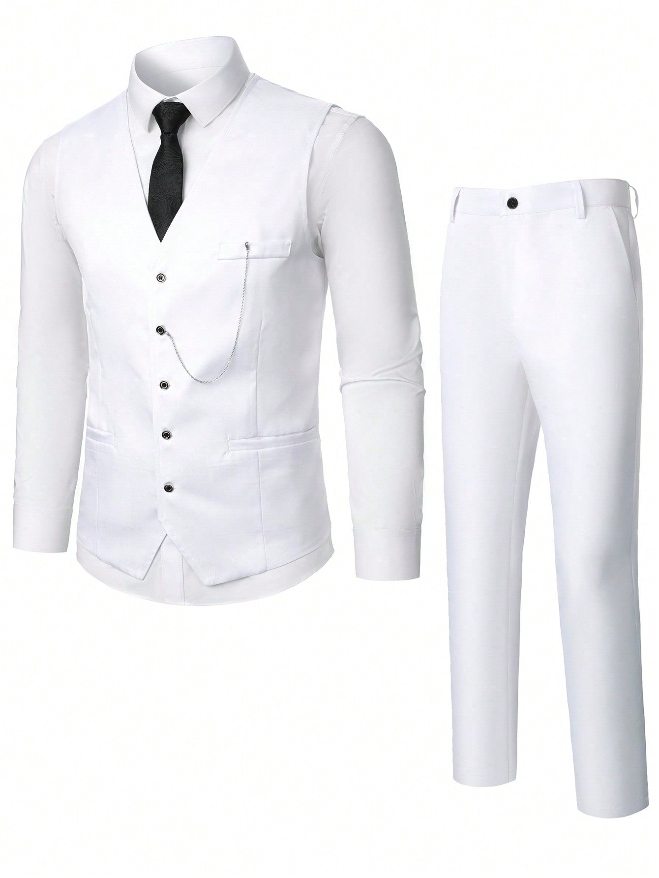 Men Single-Breasted Solid Color Suit Vest And Suit Pants Business Travel Outfit