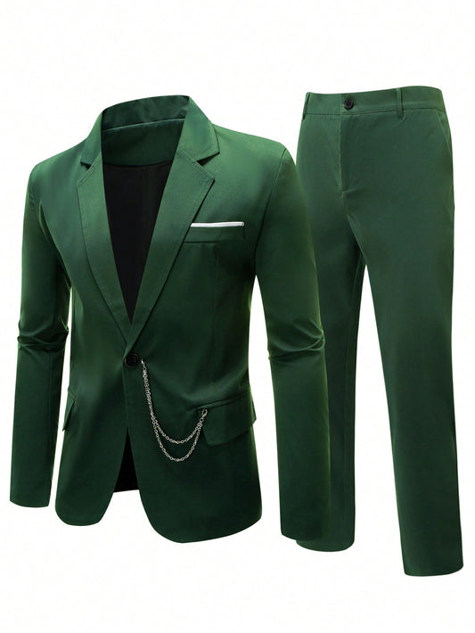 Men Solid Color Lapel Collar Suit With Chain Decoration