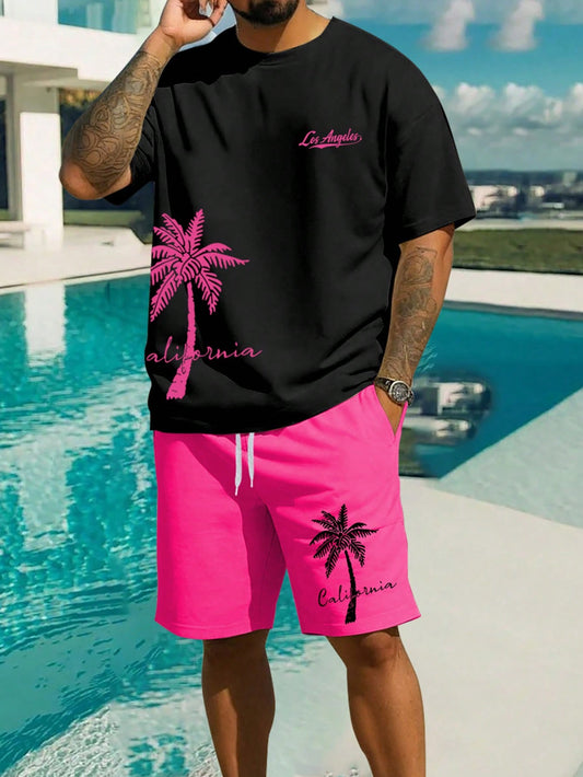 Men Plus Size Tropical Letter Printed Oversized Drop Shoulder T-Shirt And Shorts Set For Summer