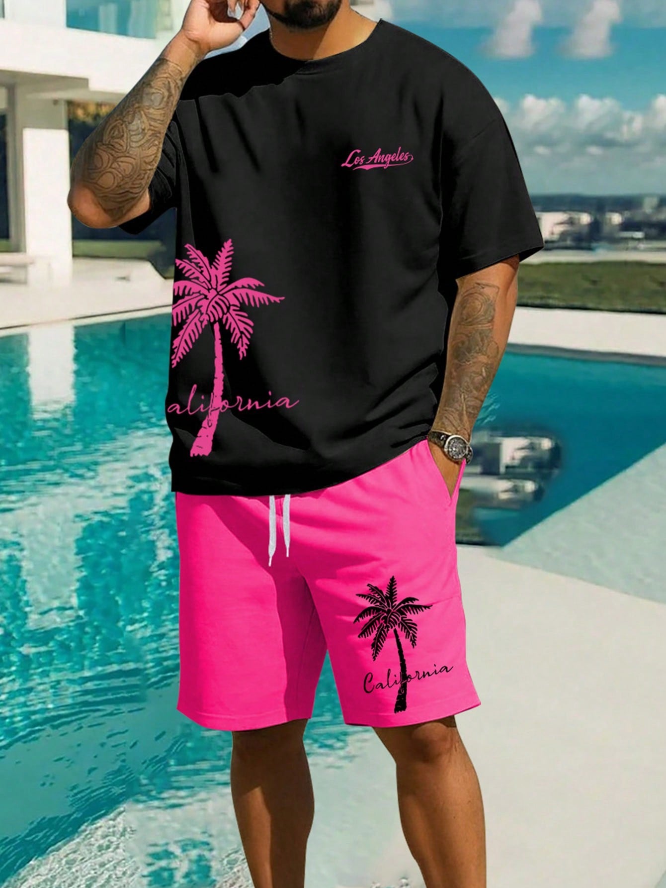 Men's Plus Size Palm Tree Print Round Neck Short Sleeve Casual T-Shirt And Drawstring Waist Shorts, Summer Outfits