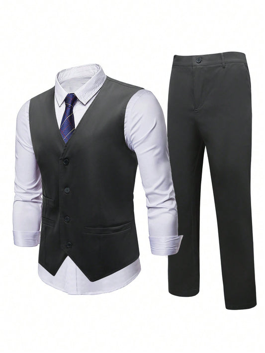 Men\ Plus Size Single Breasted Suit Vest And Straight-Leg Pant Set