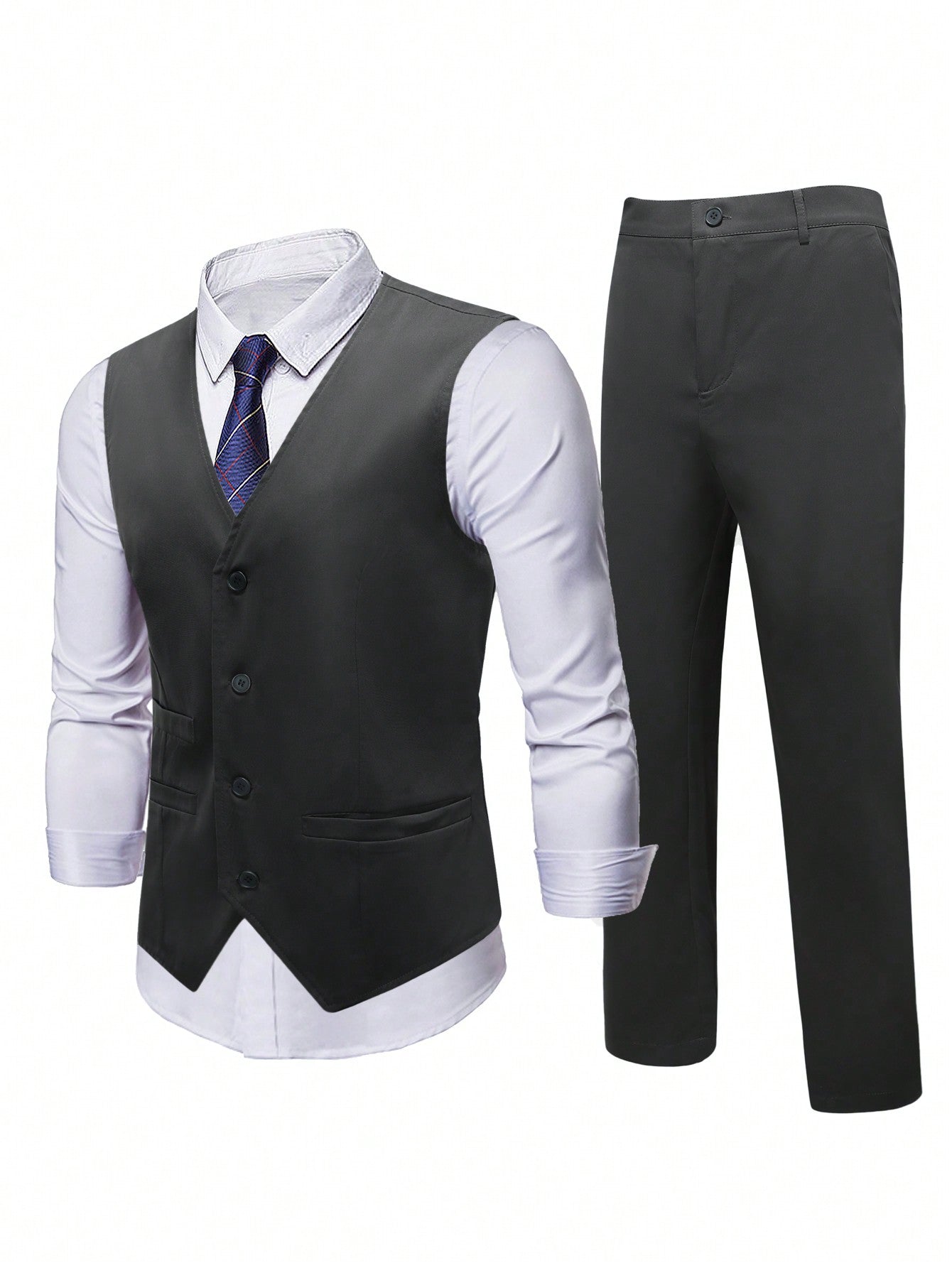 Plus Size Men\ Solid Color Single-Breasted Suit Vest And Pants Set For Daily Business Trip