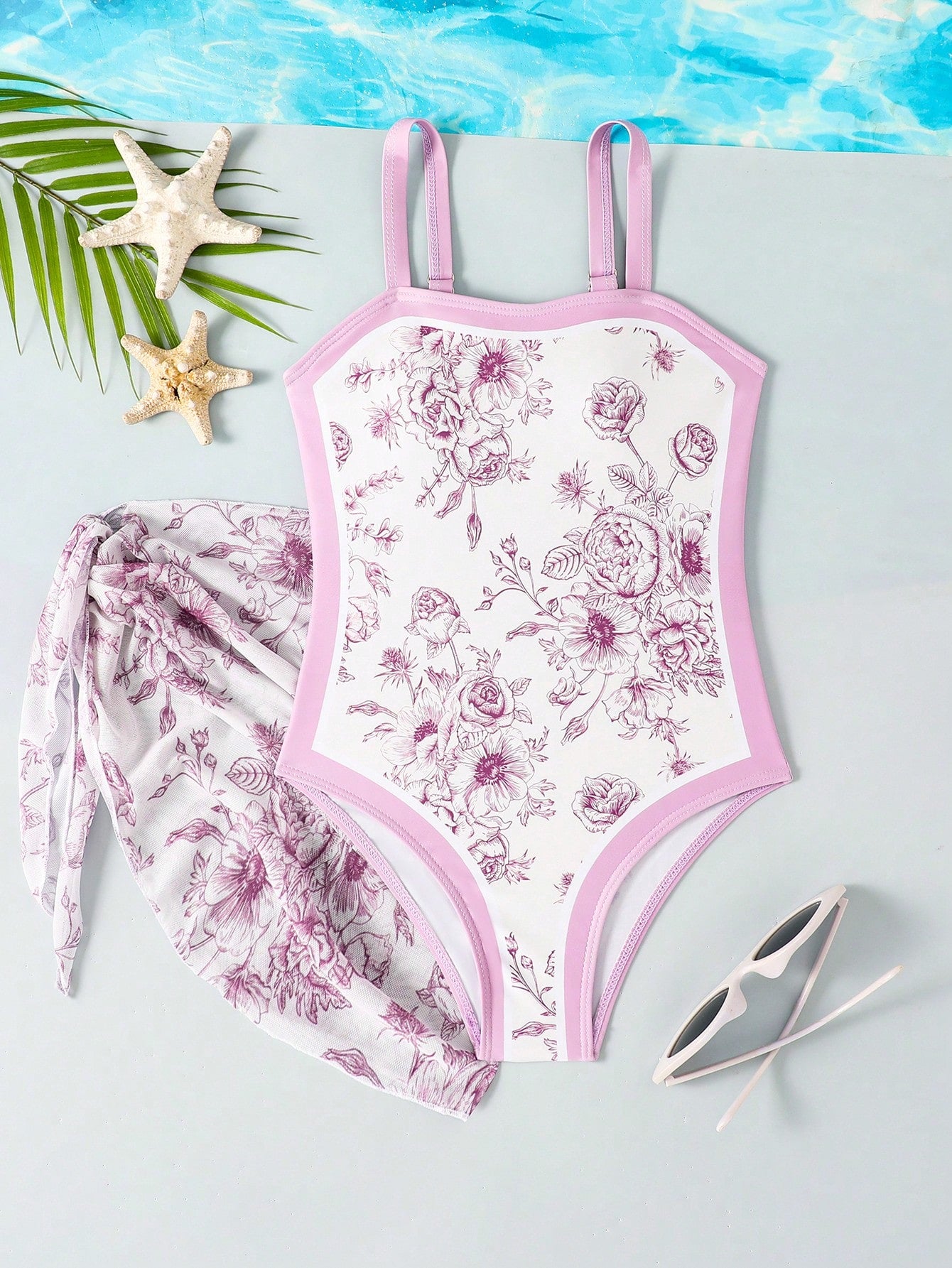 Tween Girl Floral One-Piece Swimsuit And Knotted Side Swim Skirt