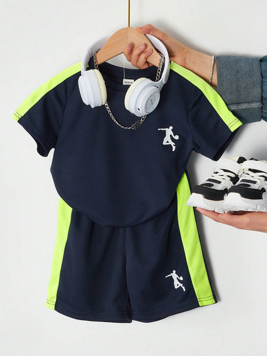 2pcs/Set Young Boy Summer Outfit, Casual Sports Printed Color-Blocked Round Neck Short Sleeve T-Shirt And Shorts, Knitted Breathable Moisture Absorption Sports Suit