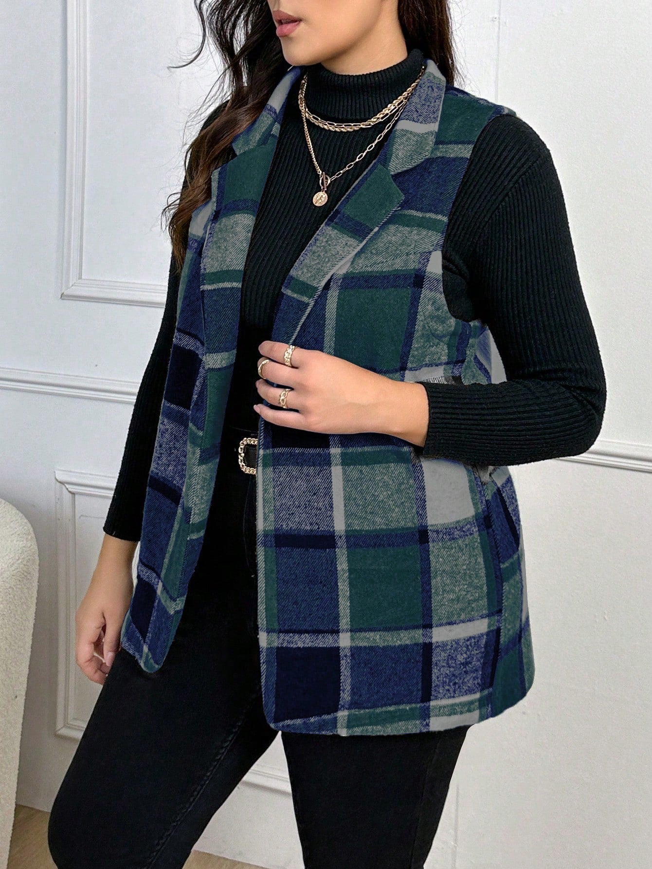 Plus Plaid Print Open Front Vest Blazer