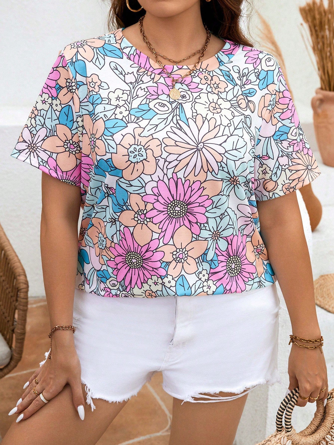 Plus Size Women's Summer Floral Printed Round Neck Short Sleeve Casual T-Shirt