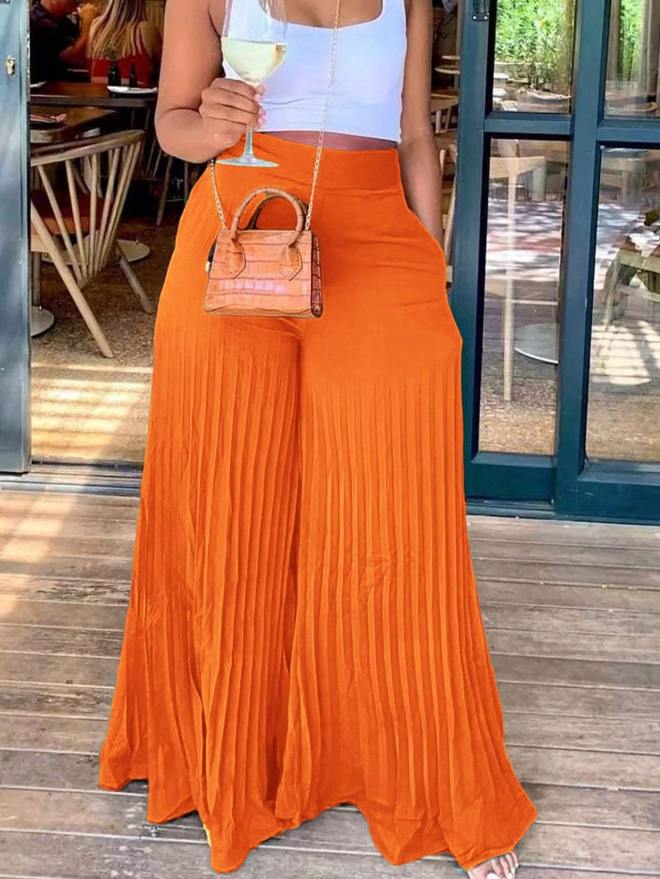 Summer Elegant Elastic Waist Yellow Pleated Large Hem Extra Long Wide Leg Pants Women's Trousers-C