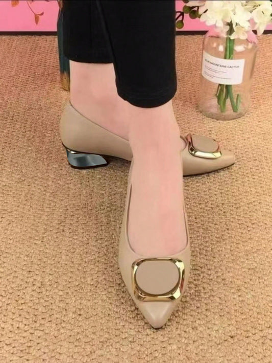 2024 Spring New Arrival Women's Chunky Heel Shoes, Pointed Toe Square Buckle Large Size Fashionable Casual Simple Style