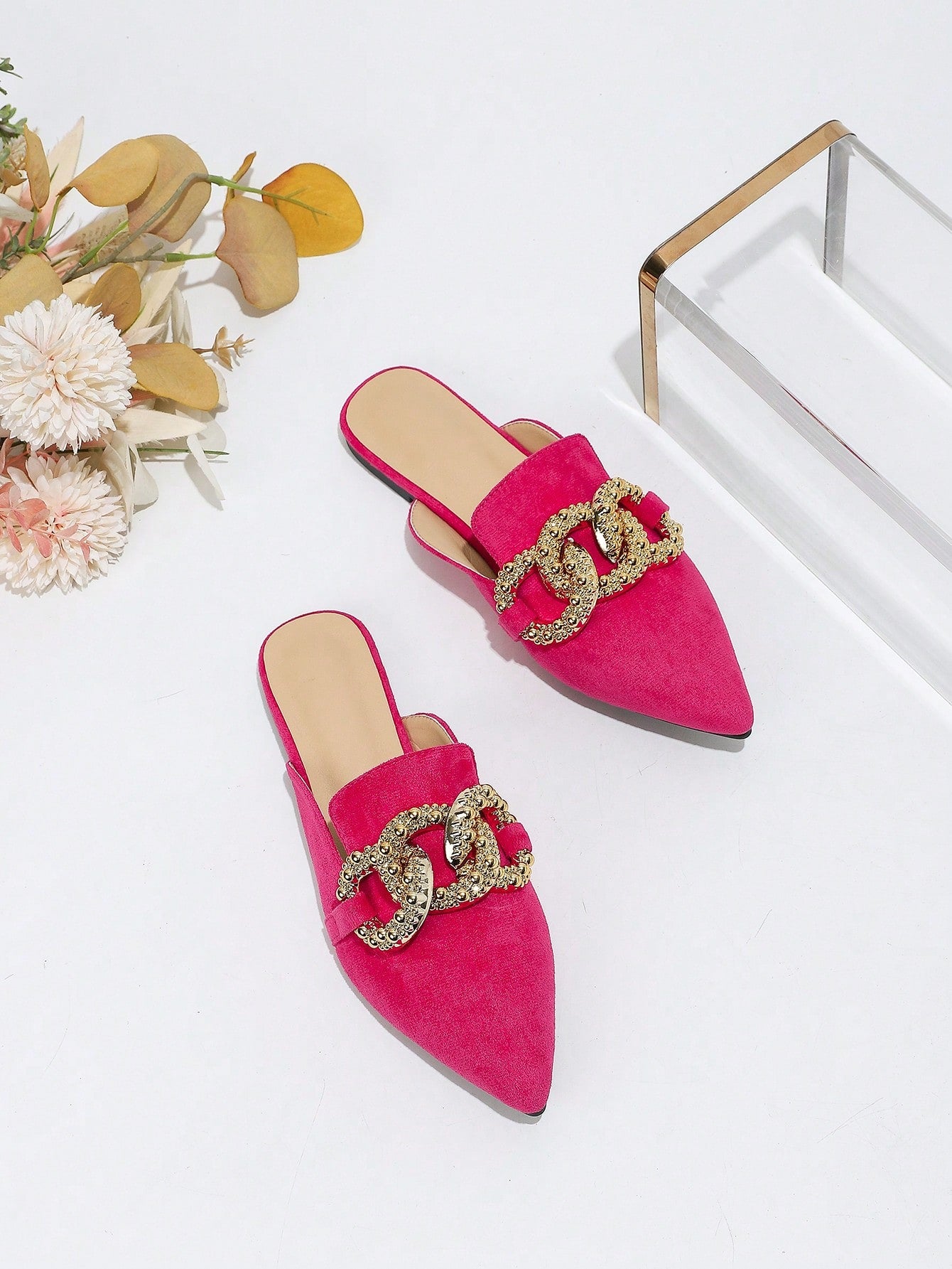 Women Elegant Flat Pointed Toe Pink Suede Mules With Metal Ring Buckle And Half Open Back