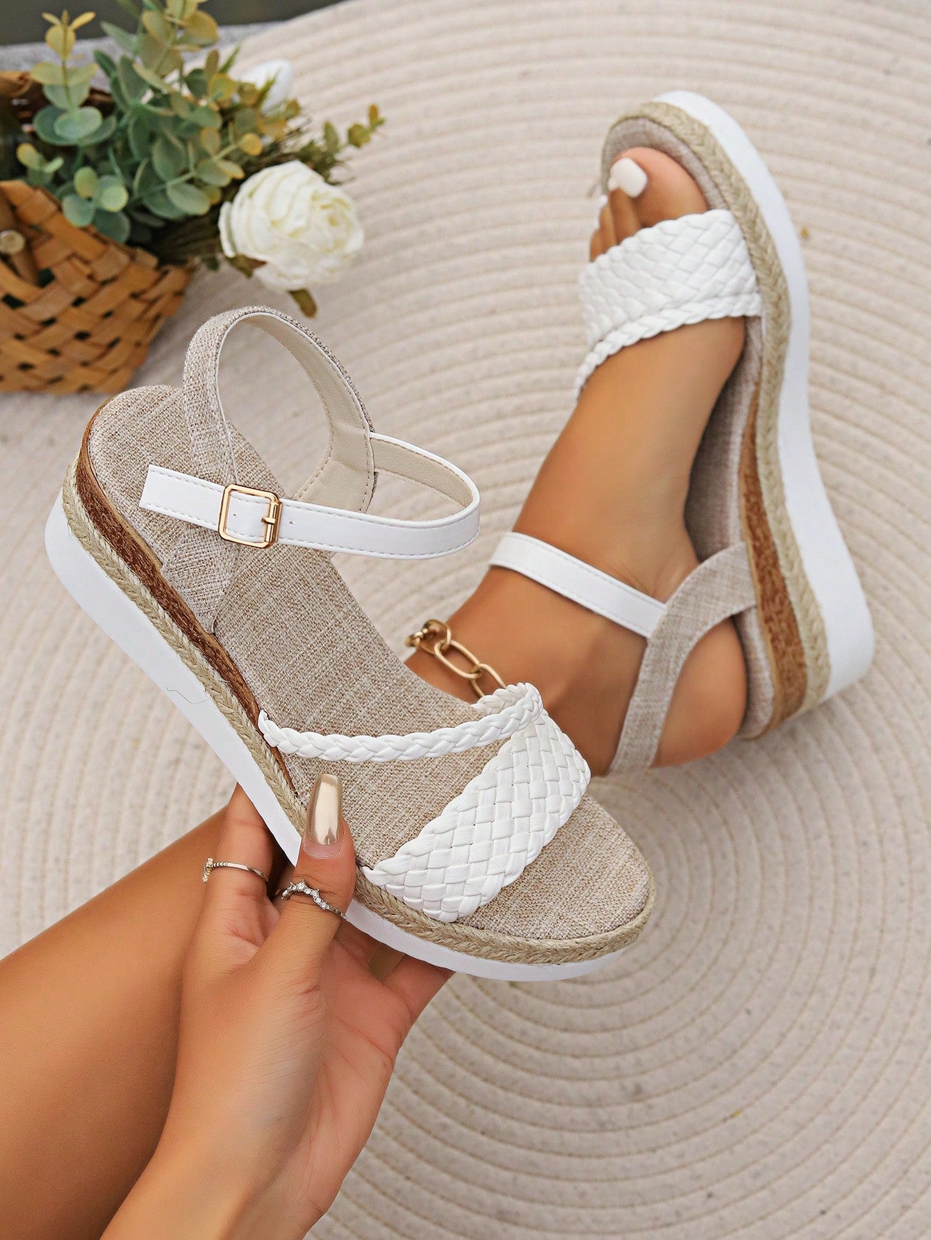 Orange Woven Platform Wedge Sandals With Ankle Strap And Espadrille Bottom, Stylish Holiday Bohemia-Inspired Sandals, Summer