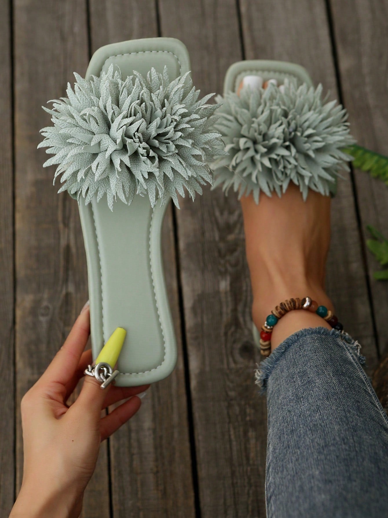 Women Flower Decor Flat Sandals, Fashionable Green Summer Slide Sandals