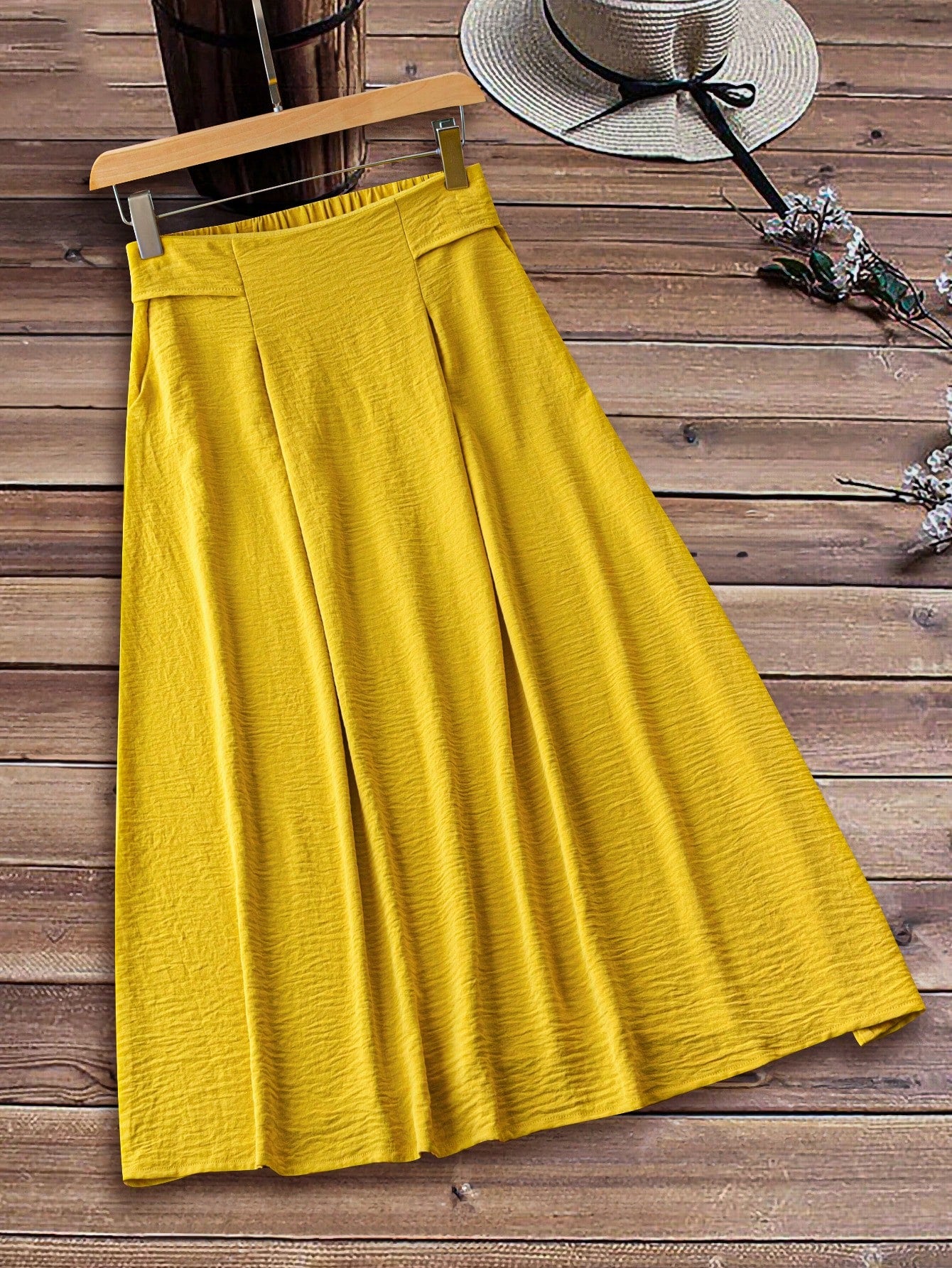 JORESS Women Solid Color Elastic Waist Mid-Length Casual A-Line Skirt