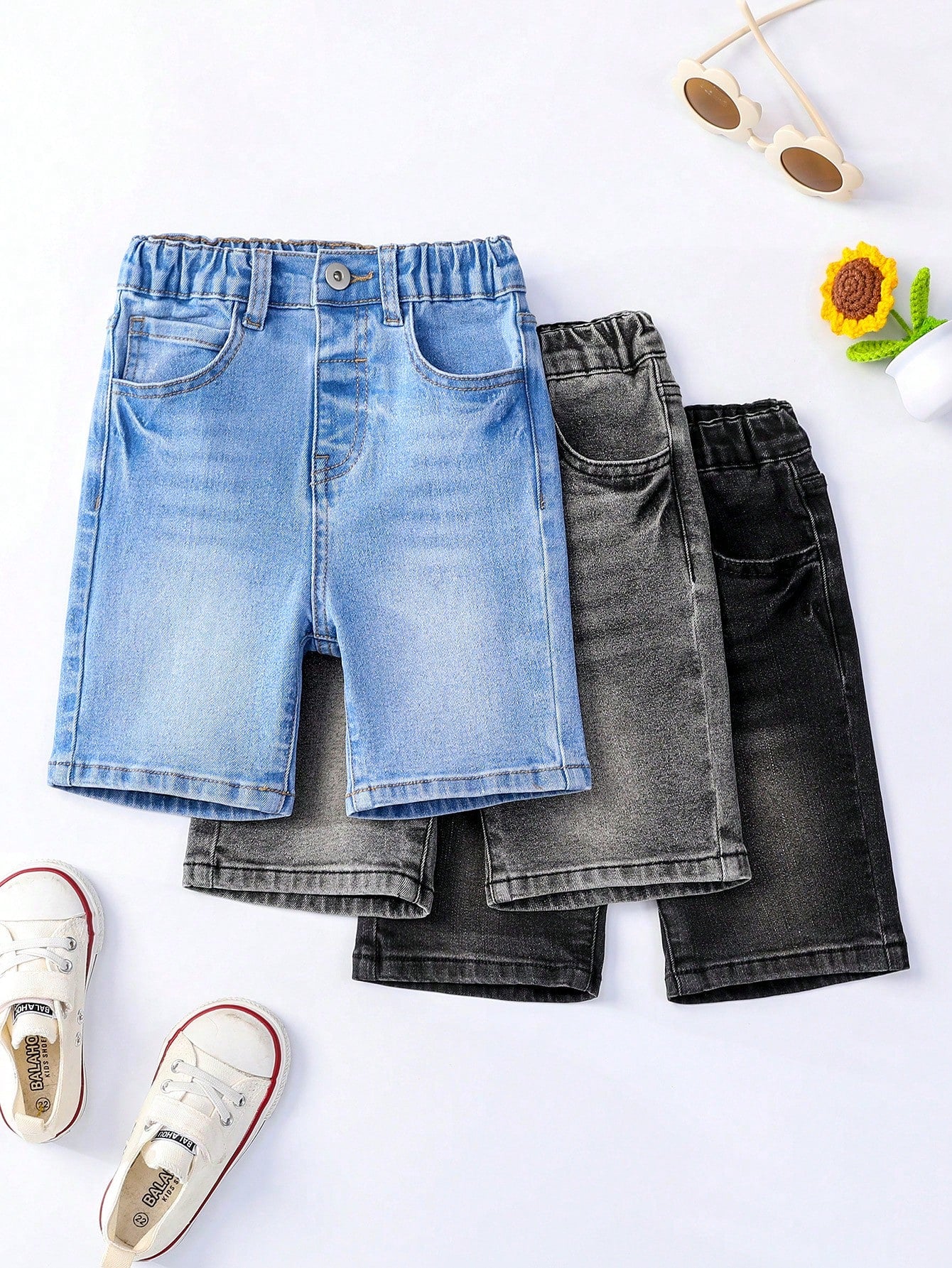 Young Boy Solid Color Elastic Denim Shorts Set With Pockets