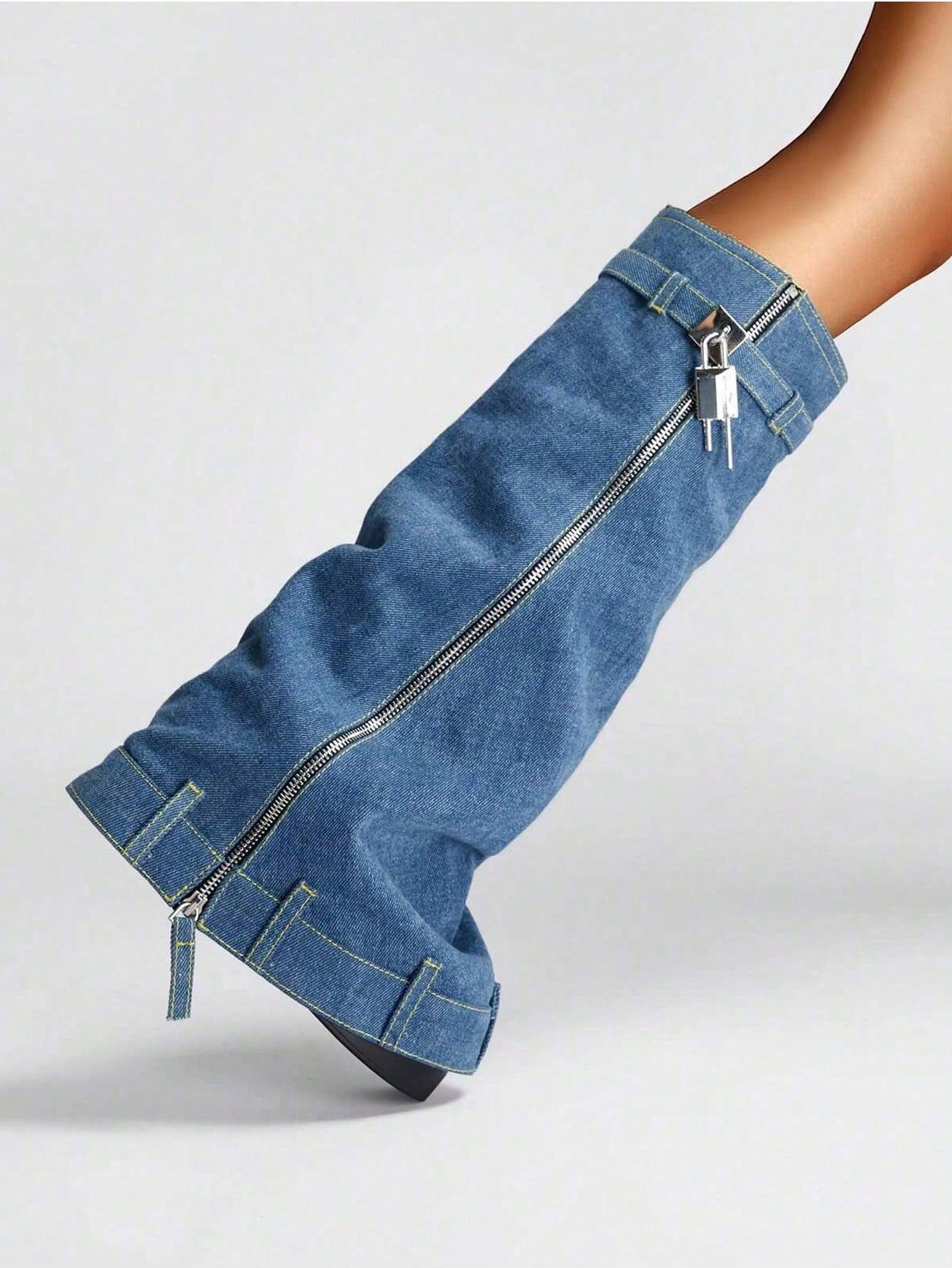 Women's Fold Over Knee High Boots Platform Heel Padlock Detail Wedge BootsWith Zipper Denim Jeans Biker Shoes