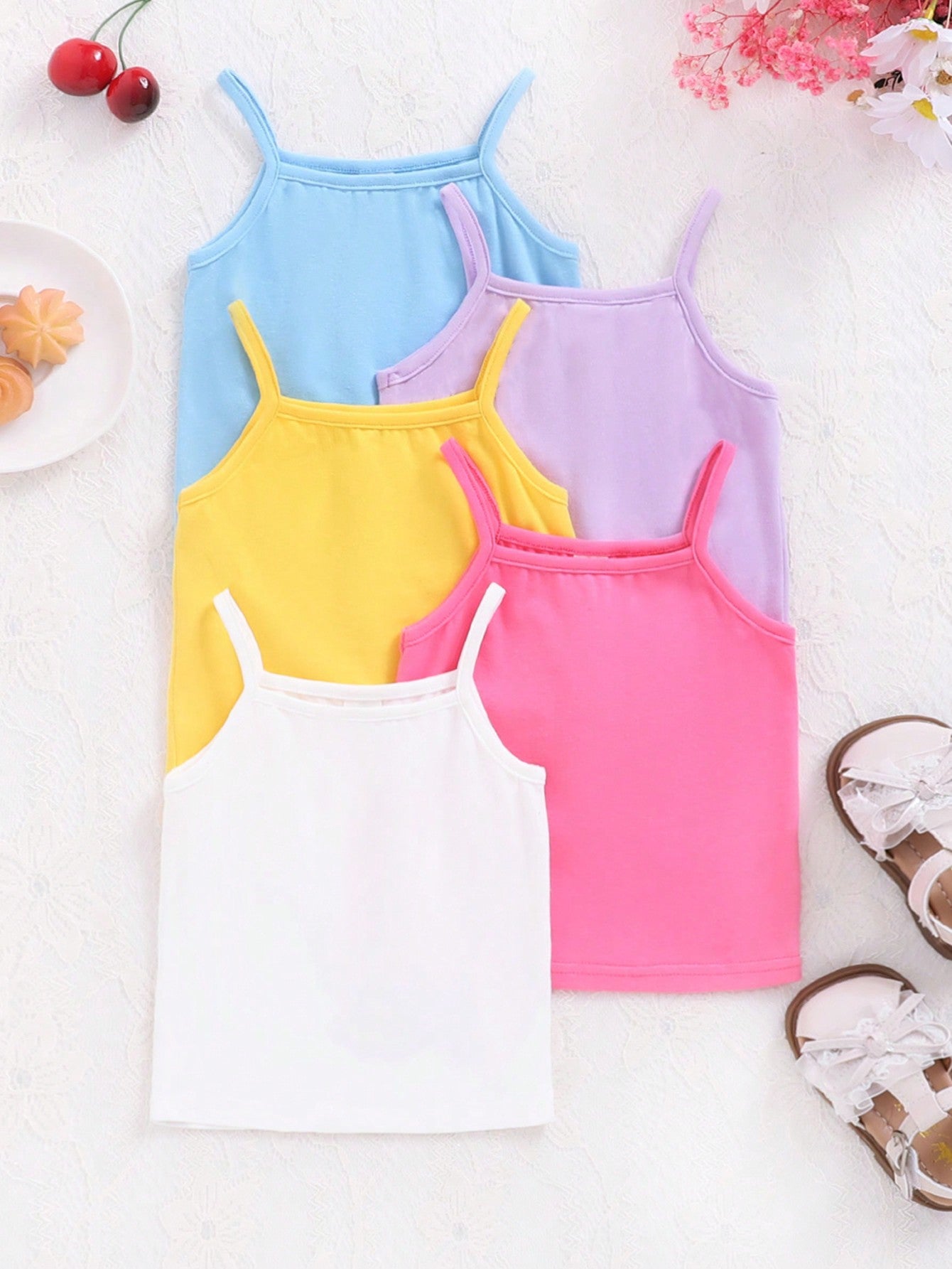 Young Girl 5pcs Solid Knitted Sleeveless Casual Camisole Top Set