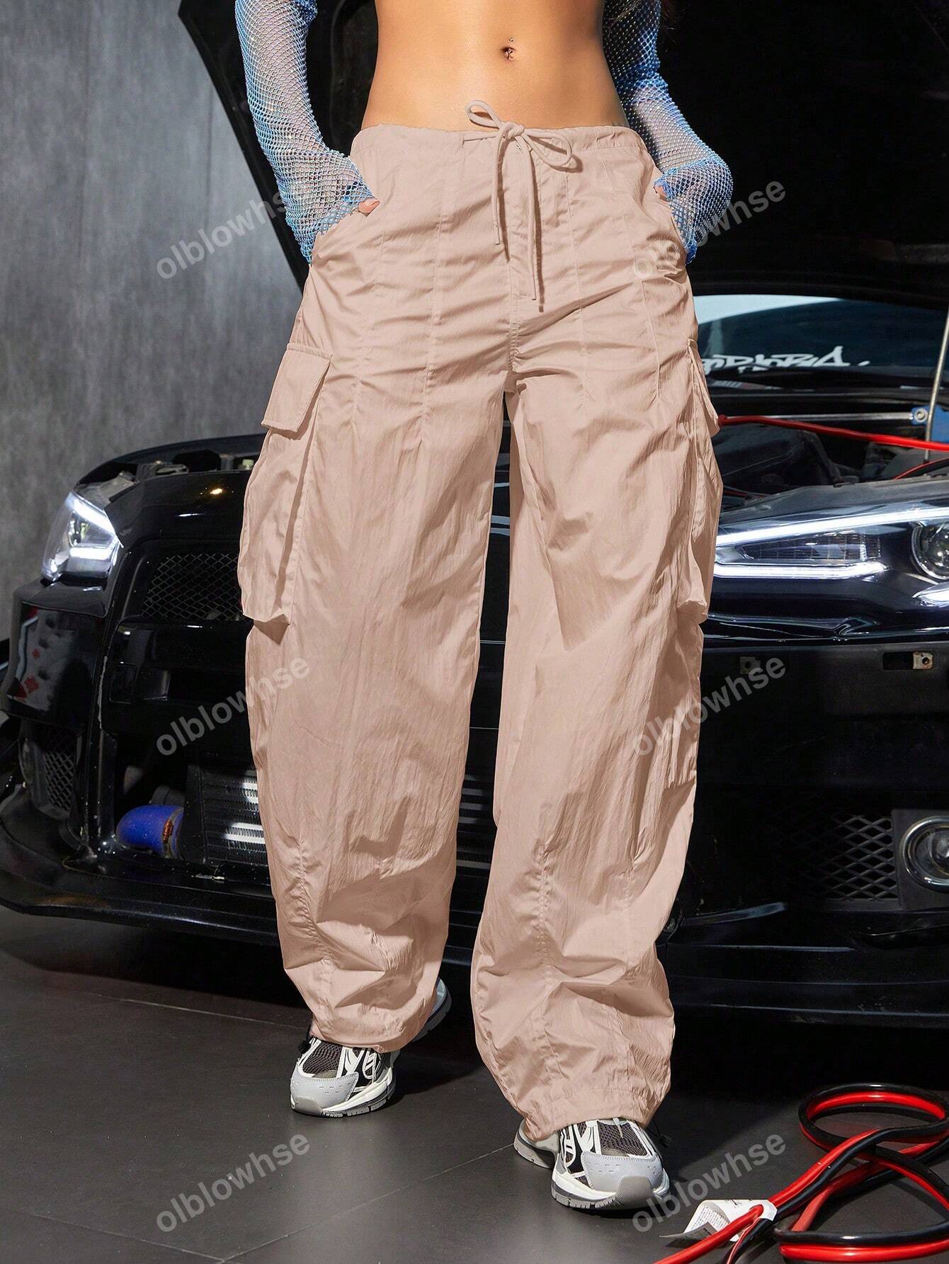 Street Vibes Drawstring Waist Wide Leg Parachute Cargo jogger Pants