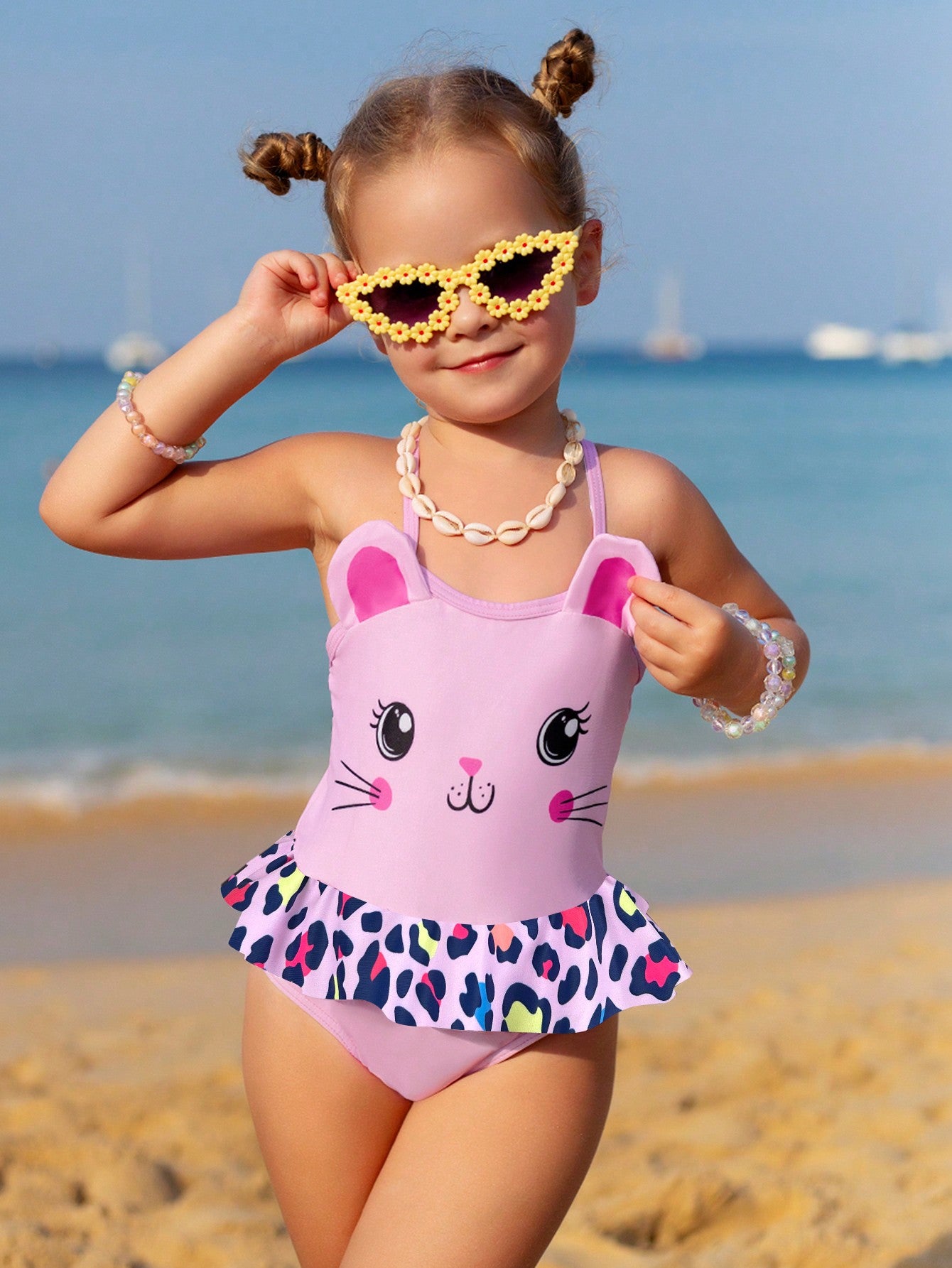 Young Girl Cartoon Printed Leopard Pattern Ruffle Trimmed One-Piece Swimsuit