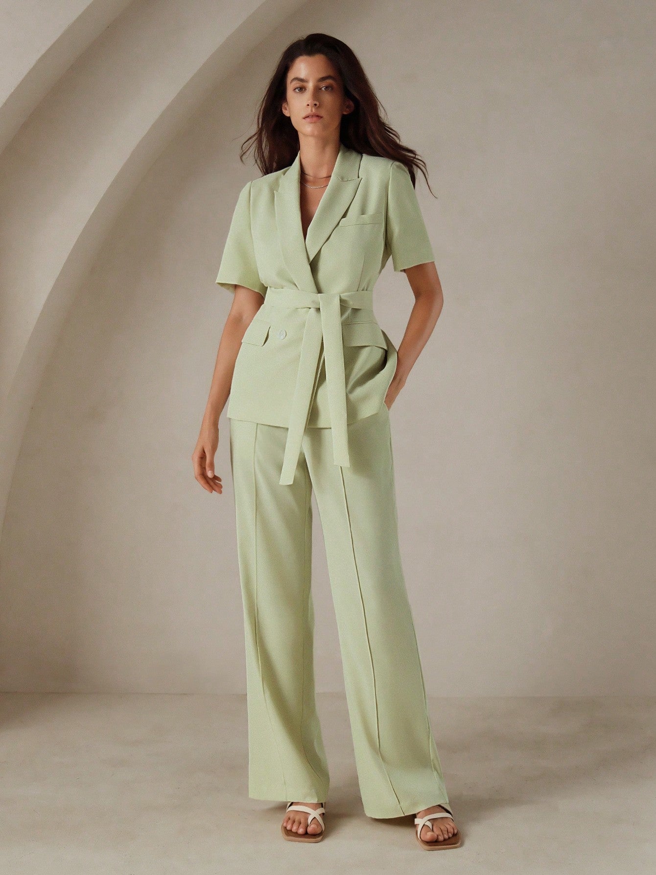 Anewsta Solid Color Waist Belt Short Sleeve Blazer And Pocketed Long Pants Suit