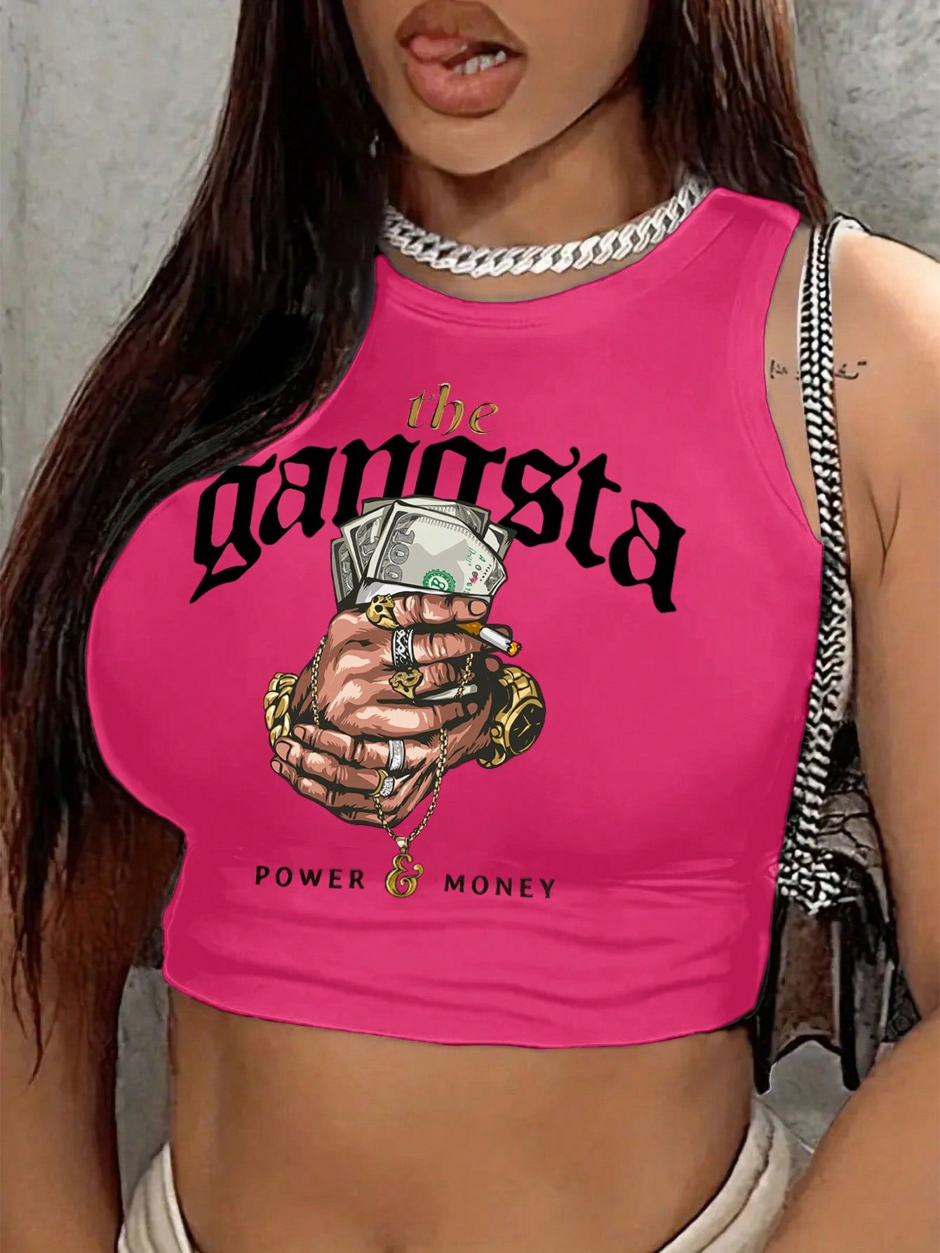 Sleeveless Women's Round Neck Crop Top With Hand & Letter Prints, Slim Fit, Suitable For Summer The Gangsta POWER & MONEY