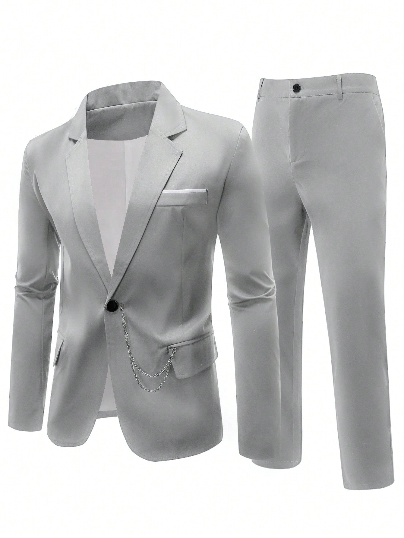 Men's Plus Size Monochrome Lapel Collar Suit Jacket With Chain Decoration And Trousers Set